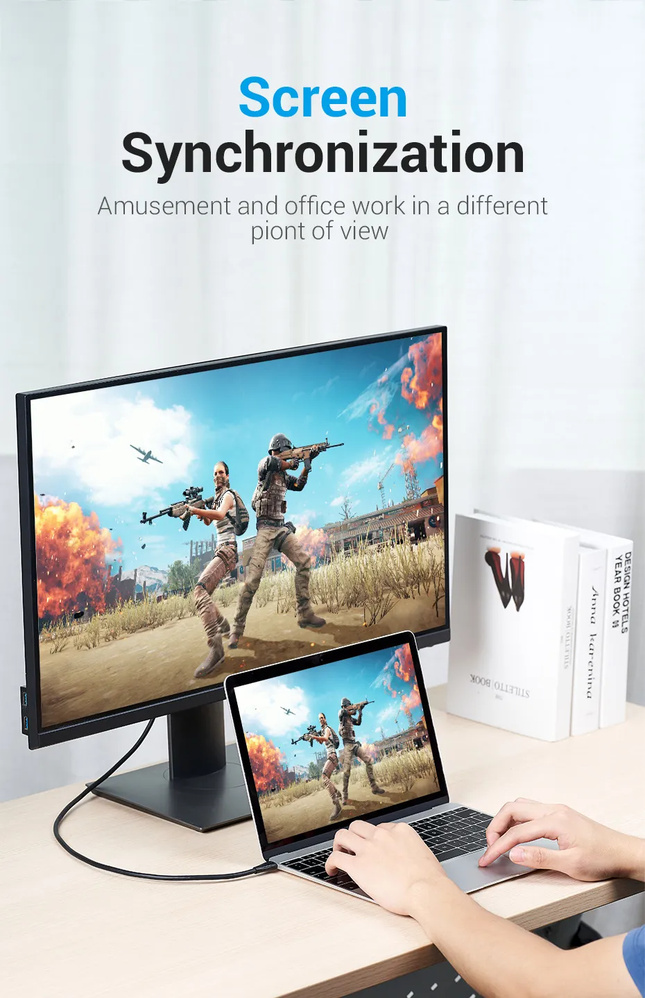 Ứng dụng cáp Vention 8K kết nối laptop MacBook với màn hình gaming đồ họa lớn