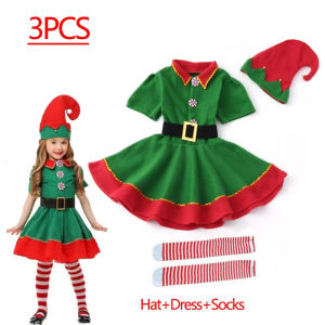 Girls 2026 Christmas Green Elf Costume Xmas Santa Claus Dress Kids Hat+Skirt+Socks Set Outfits Cosplay Clothing Xmas Gifts