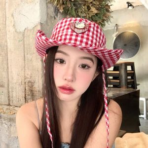 CLOTH Lace Up Hiking Fisherman Hat Sun Protection Small Lattice Kitty Cat Bucket Hat Fashion Sunshade Drawstring Sun Hat Famale