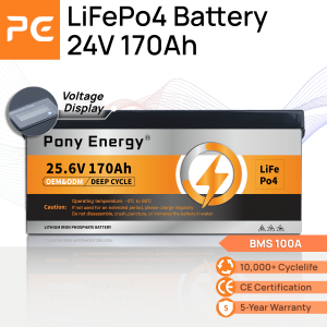 PonyEnergy 24V 170Ah LiFePo4 battery Lithium battery rechargeableSupports solar charging4352Wh With Voltage Display & Intelligent BMS Series-Connectible Lithium Iron Phosphate Battery