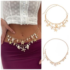 ZZ697 Bohemian Shell Starfish Waist Chain Imitation Pearl Adjustable Womens Necklace Belt Golden Bikini Body Chain Summer