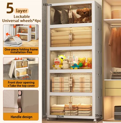 Folding Storage Box Cabinet Wardrobe Transparent Double Door Foldable Home Clothes Snacks Storage Cabinet