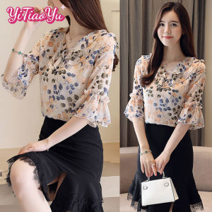 Yitiaoyu Womens Blouse Korean Floral Chiffon Shirts Fashion V-neck Blouse
