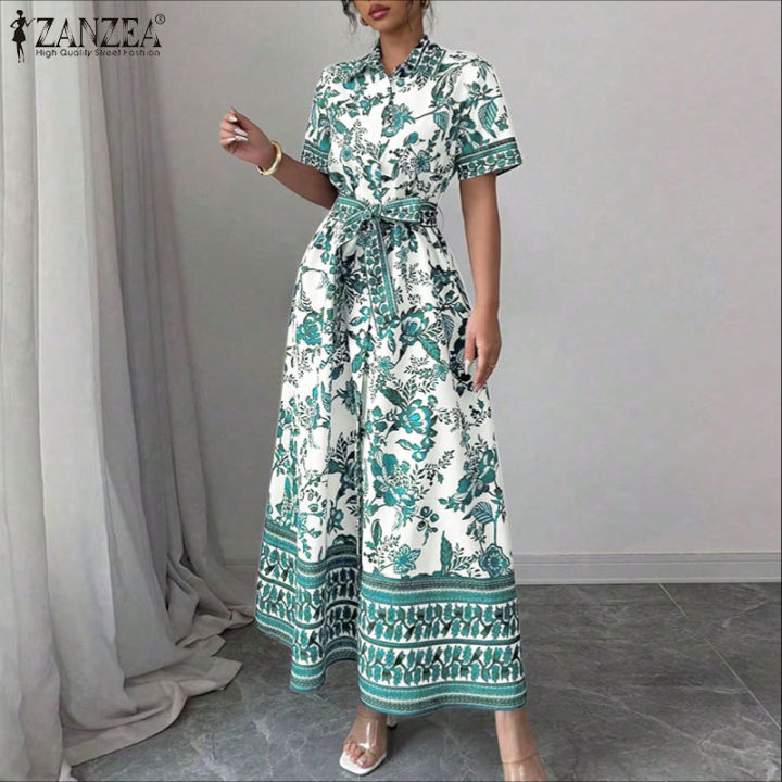 ZANZEA Women Elegant Floral Print Dresses Turn-Down-Collar Raglan Sleeve  Lace-Up Long Dress #0714 | Lazada Singapore