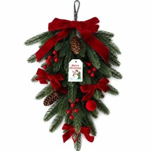 LONGB Đỏ Cây thông nhân tạo treo rủ 60 cm Nhựa Cây thông giả trang trí với những chiếc nơ Đồ trang trí treo Giáng sinh Trang trí tường
