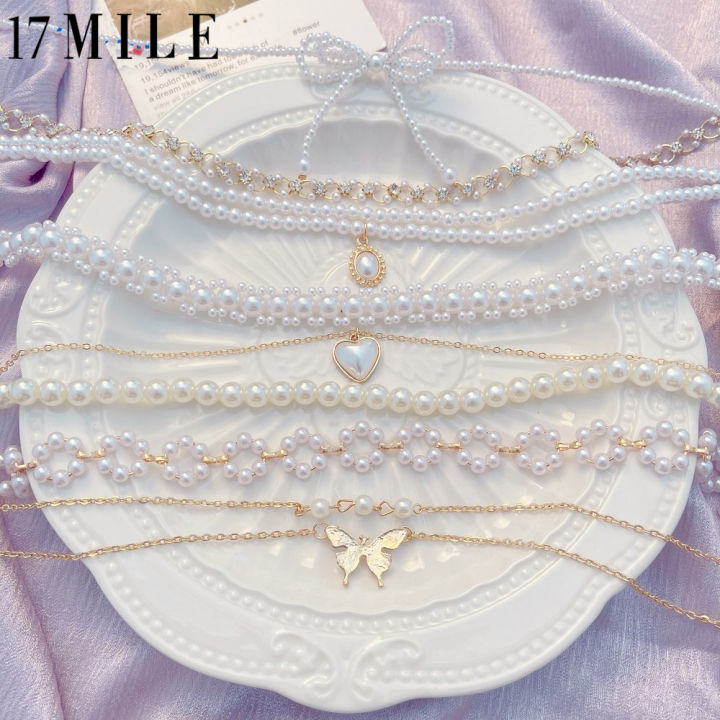 17mile Korean Ins Style Pearl Necklace Elegant French Retro Heart Butterfly Clavicle Chain Women 9758