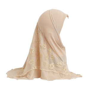 GENENIC Flower Net Small Girl Hijab Pull On Elastic Solid Instant Headscarf Headwrap Cotton Islamic Scarf Shawl 2-6 Years Old