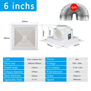 220V Ceiling Exhaust Fan 3.0m³/min 6/8/10/12/14 Inch Ventilation Fan Copper Motor Louvered Grille Side Duct Bathroom Kitchen Office