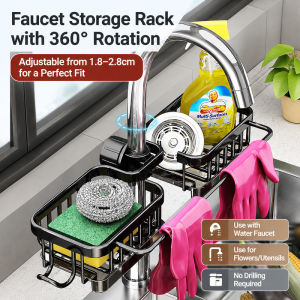 Kitchen Sink Faucet Organizer Adjustable Storage Holder Water Tap Shelf Space Saving Rack for Sponge Detergent Brush and Daily Kitchen Essentials
