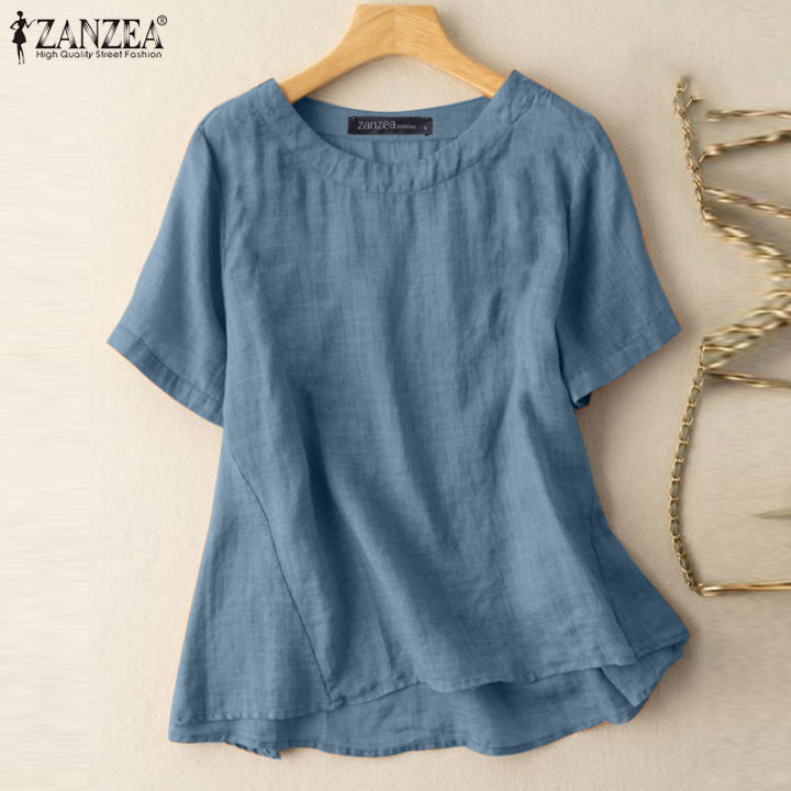 Esolo%20ZANZEA%20Womens%20Casual%20Short%20Sleeve%20Blouse%20Cotton%20Linen%20Shirts%20Plain%20School%20Beach%20Loose%20Tops%20#2%20-%20Image%202