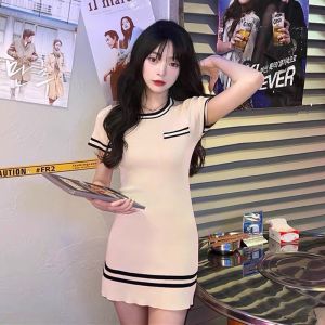 Váy body dệt kim len nữ dáng ôm tay ngắn cổ tròn đen trắng hàng Quảng Châu