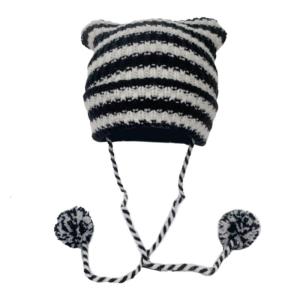 Knitted Devil Hat for Students Adult Windproof Foldable Stripe Pattern Hat Handmade Cat Ear Shape Keep Warm Cycling Hat