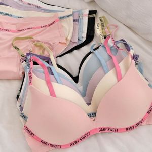 HUIHEYU Ultra-thin Letter Wireless Bra 3/4 Cup Adjustable Strap Push Up Bra Candy Color Anti-slip Deep V Seamless Bra Women
