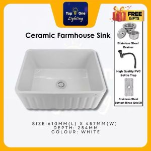 Ceramic Farmhouse Kitchen Sink 610mm Single Bowl Handmade Ceramic Sink Fireclay Reversible Farmhouse Apron-Front Kitchen