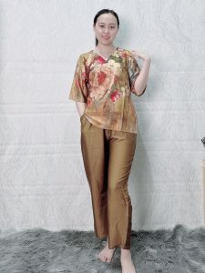 E226 Đồ bộ mặc nhà trung niên lụa Latin tay lở quần ống suông dài 9 tấc đồ mặc nhà trung niên size lớn từ 50 - 75 kg