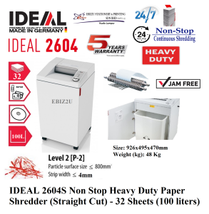IDEAL 2604 S 4mm Non Stop Heavy Duty Paper Shredder (Straight Cut) - 32 Sheets (125 liters) - 2604S (non stop Strip Cut mesin perincih kertas)