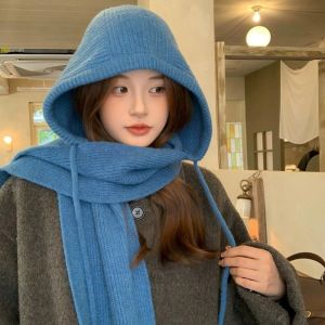 NEEUJ Korean Style Winter Balaclava Hat Solid Color Thick Knit Hood Scarf Combo Warm Skullies Bonnet Thermal Yarn Knitted Hooded Beanie Women