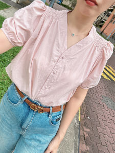 Womens Plain Low Button Blouse/Casual Short Sleeve Button Front/V-Neck Shape