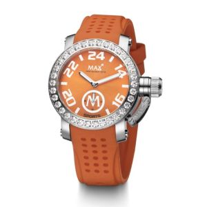 Max XS36 Trendy Sports Watch with AAA Grade Cubic Zirconia Bezel Silver Steel Orange Dial Silicone Strap 36mm 5-MAX555