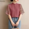 ZANZEA Korean Style Women Stylish Stand Collar Short Sleeve Blouses Floral Print Patchwork Daily Top #1201. 