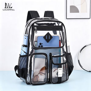 LouisWill Transparent Backpack Clear PVC Backpack Large Capacity Multi-Pocket See Through Backpack for Concert Stadium School Work Daily Use