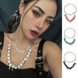 LAOO การ์ตูน สร้อยคอหัวกะโหลกฮาโลวีน โลหะผสมเรซิน โครงกระดูก จิวเวลรี่คอฮาโลวีน ของขวัญเครื่องประดับ สองชั้น สร้อยคอจี้รูปกางเขน วันฮาโลวีน