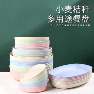 6pcs (23cm) Wheat Fiber Dinner Plate Round-shaped Dish Meat Steak Microwavable Plate