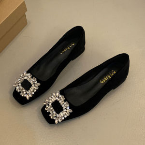 Free Shipping Square-Toe Commuter High Heels Slip-On Shoes Spring New Collection Chunky Heels Rhinestone Embellishments Elegant Flats
