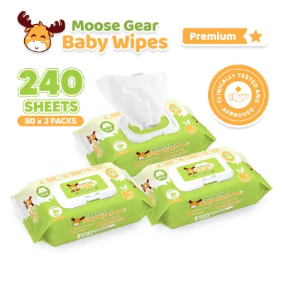Moose Gear Baby Wipes Organic 240sheets 3PACKS w/ Aloe Extract Thick & Soft