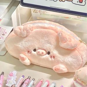 Kawaii Pink Girly Heart Piggy Plush Pen Bag Student Creative Large Capacity Pen Bag Cute Stationery Supplies Cosmetic Bag