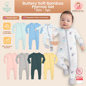 🇸🇬 🎁 Baby Zip Sleepsuit Toddler Newborn Baby Zip Up Bamboo Sleepsuit Double Zip with Mittens
