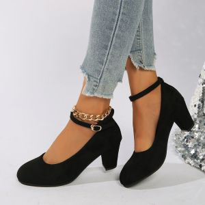 Free Shipping Spring And Autumn New Collection: Plus-Size Round-Toe Chunky-Heel Buckle-Strap High Heels For Women Fashionable Flats