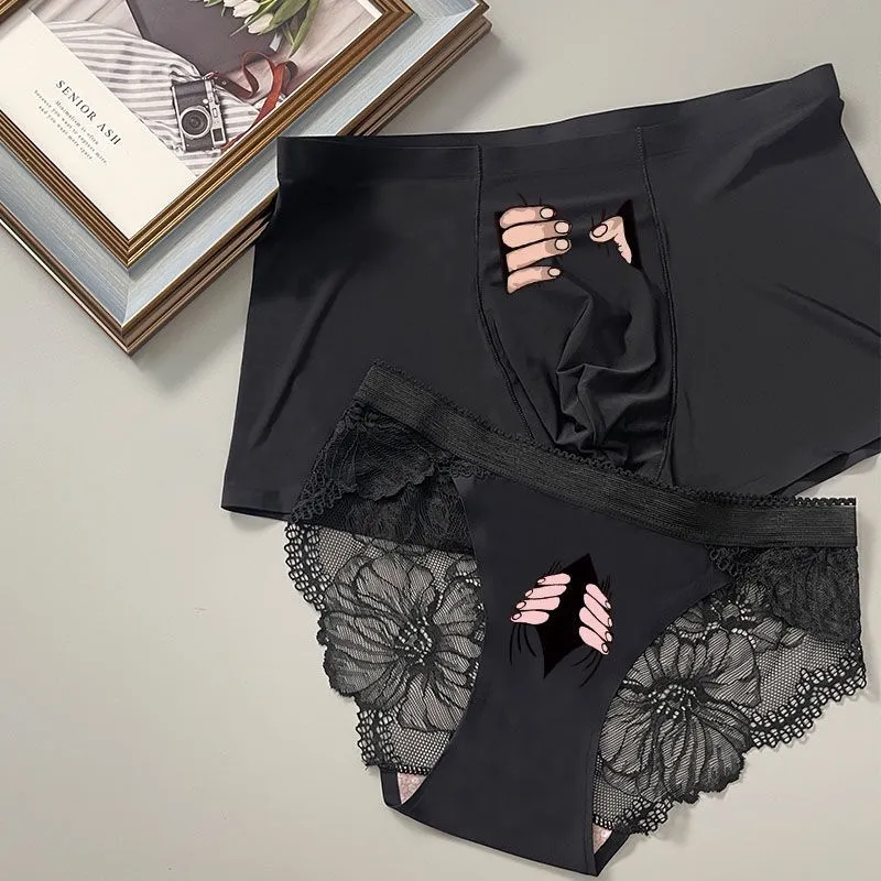 TOP Couple Underwear Set 2pcs Ice Silk Cute Printing Couples Matching  Underwear Briefs for Women and Men High Quality Lace Lovers Underwear Panty  Set