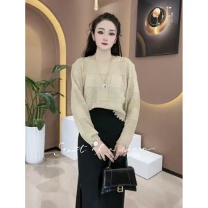 Womens Long Sleeved New Fashionable Jacquard Knitted Sweater with Stylish and Versatile Design Sweater Round Neck Casual Top