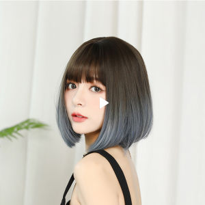 Available Original Women human hair true hair Medium Length Wigs with Bangs Full Wig for Women Natural Fluffy Straight Hair Realistic Full Head Wig Short Hair (Blue)