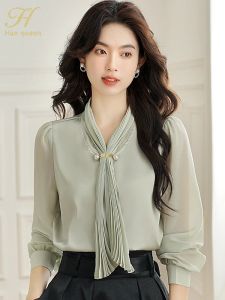 Spring French Blusas Simple Office Lady Chiffon Blouse Female Shirt Lace-Up Tops Casual Korean Loose Blouses Women