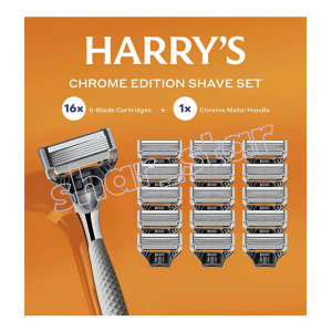 Harrys Chrome Edition Shave Set 1 Razor Handle + 16 x 5 Blade Cartridges Mens Wet Shave Refill Grooming Kit
