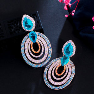 SEQUITO Super Luxury Micro Pave Blue Pink Cubic Zirconia Stone Big Water Drop Round Dangle Earrings Dubai Style Gold Plated Women Wedding Jewelry SE540