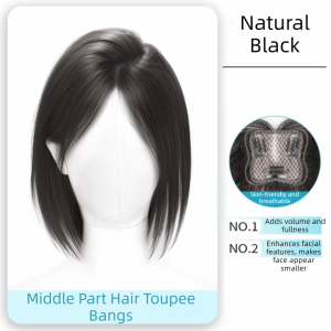 KAWAII BOX Invisible Middle Part Hair Toupee Bangs Straight Hair Extension Fluffy Synthetic Hairpiece Fringe Natural Hair Toppers Wigs for Women