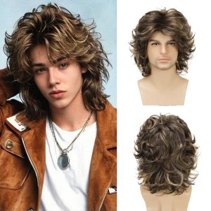 2025 European and American new products Mens brown short curly hair long bangs short curly mens hair Natural curly fluffy chemical fiber headgear