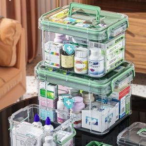 CEMOMEF Double Layers Medicine Storage Box Plastic with Handle Medicine Box Simple Moisture-proof Emergency Box Household