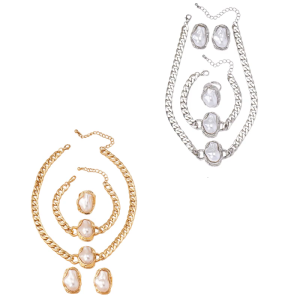 Vintage Irregular Pearls Pendant Choker Studs Earrings Ring Bracelet Set for Women Fashionable Accessories