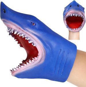 NUOBESTY Animal Hand Puppet Blue Shark Hand Puppet Soft Rubber Role Play Shark Bath Toys for Children Adults Teaching Gloves