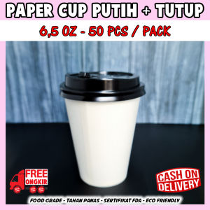 Paper Cup Putih Polos 65 Oz 195 ml + LID tutup / Tea Cup / Gelas Kopi / Gelas kertas / Paper Hot Cup (50 pcs)
