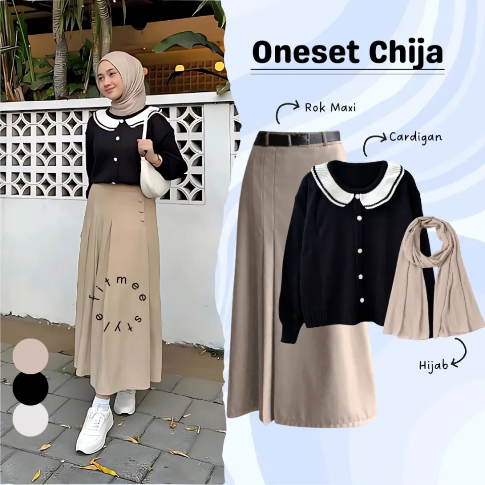 Chija Outfit ootd satu Set 3in1 Atasan Outer Cardigan Rajut