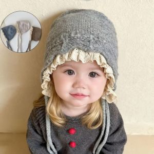 HISTO Windproof Kids Warm Hat Soft Ear Protection Knitted Lace Cap Sweetness Lace Edged Baby Bonnet Outdoor