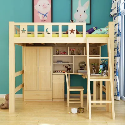 Solid wood multi-functional bed group childrens elevated ladder cabinet high bed bed bed low table with wardrobe bookshelf bunk bed