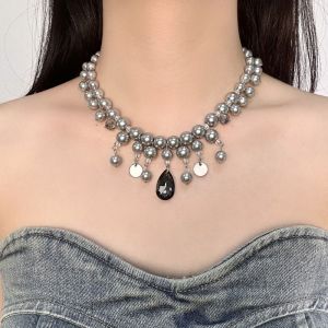 YOCKY Fashion Double-layer Pearl Tassel Necklaces Exquisite Grey Pearl Womens Clavicle Chain Temperament Advanced Sense Water Drop Pendant Neckchain Women