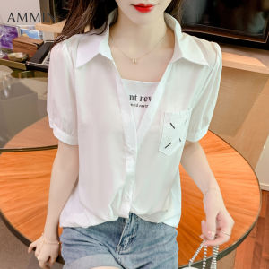 AMMIN summer new ladies loose fake two pieces stitching short-sleeved chiffon shirt Korean fashion temperament loose hundred collision colour design Tops