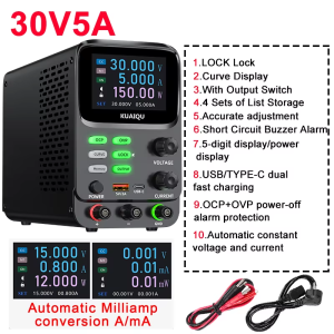 KUAIQU 2025 ใหม่ล่าสุด DC Power Supply Lab แหล่งจ่ายไฟไทเทเนียม Anodized มอเตอร์เริ่มต้นสั้น Killer OCP OVP ปรับ 160V 2A 30V 10A 5A